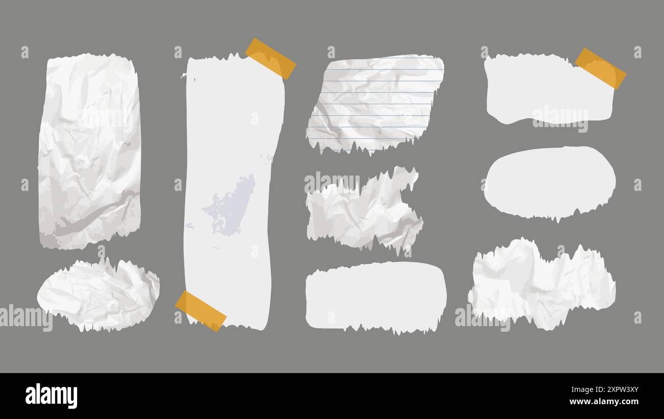 Papier und Elemente Scrapbooking Alt zerrissen zerknittert. Unterschiedliche Texturen führen zu einem Muster von zerklüfteten Kanten. Vektorabbildung. Stock Vektor