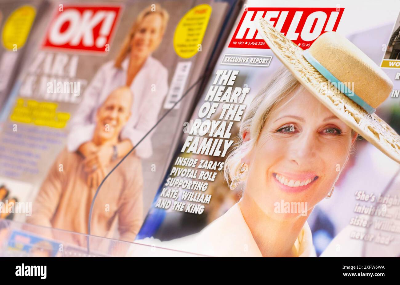 London, Vereinigtes Königreich - 03. AUGUST 2024: Zara Tindall, britische Pferdesportin, Olympiasiegerin, Sozialistin und Mitglied der britischen Königsfamilie, auf dem Cover von Hello! Magazin Stockfoto