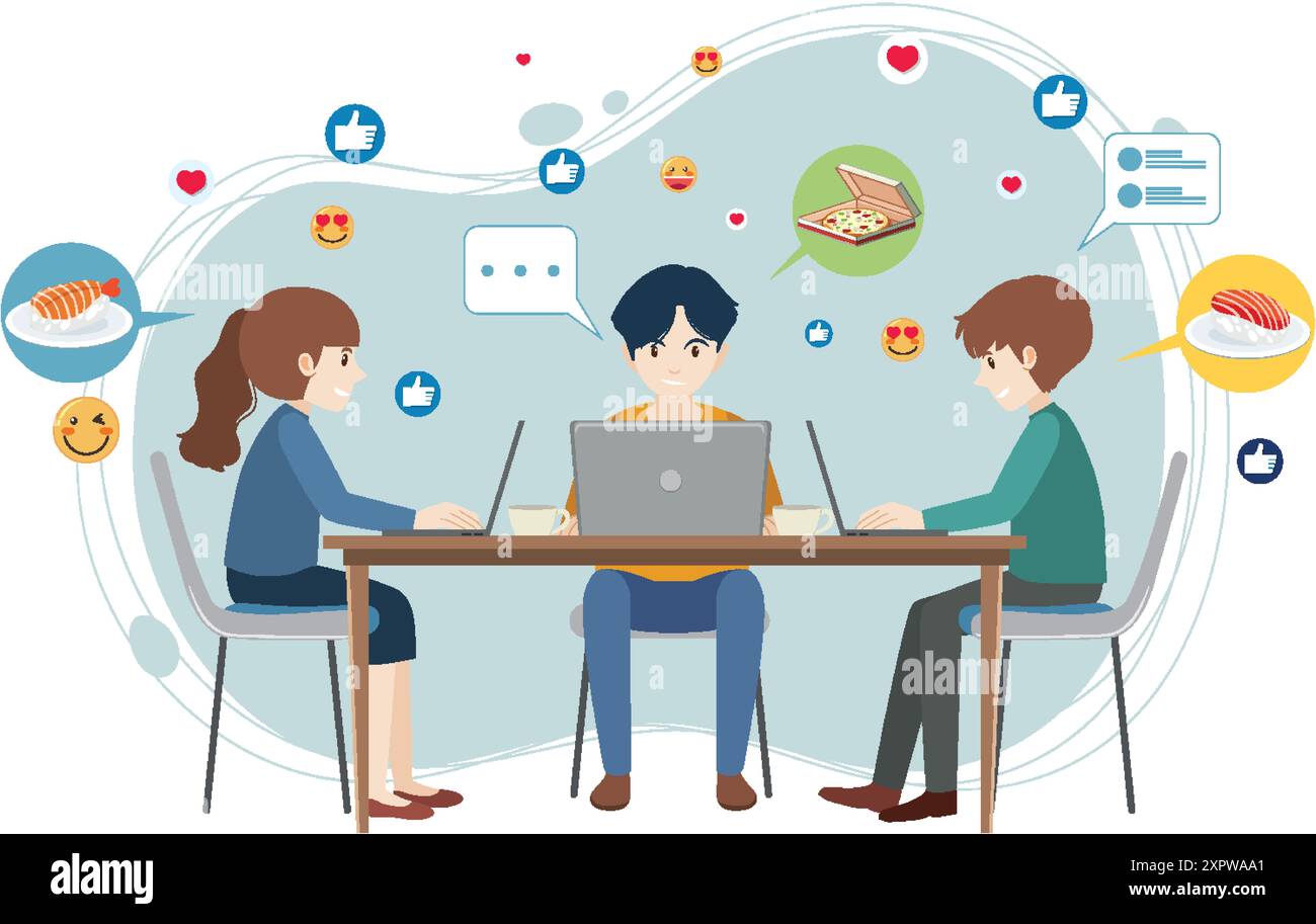 Drei Personen arbeiten an Laptops und tauschen Ideen aus Stock Vektor