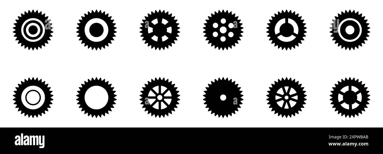 Schwarze Zahnradsymbole. Symbole für das Kettenrad der Maschine. Flaches Design. Vektorsymbol auf weißem Hintergrund. Stock Vektor