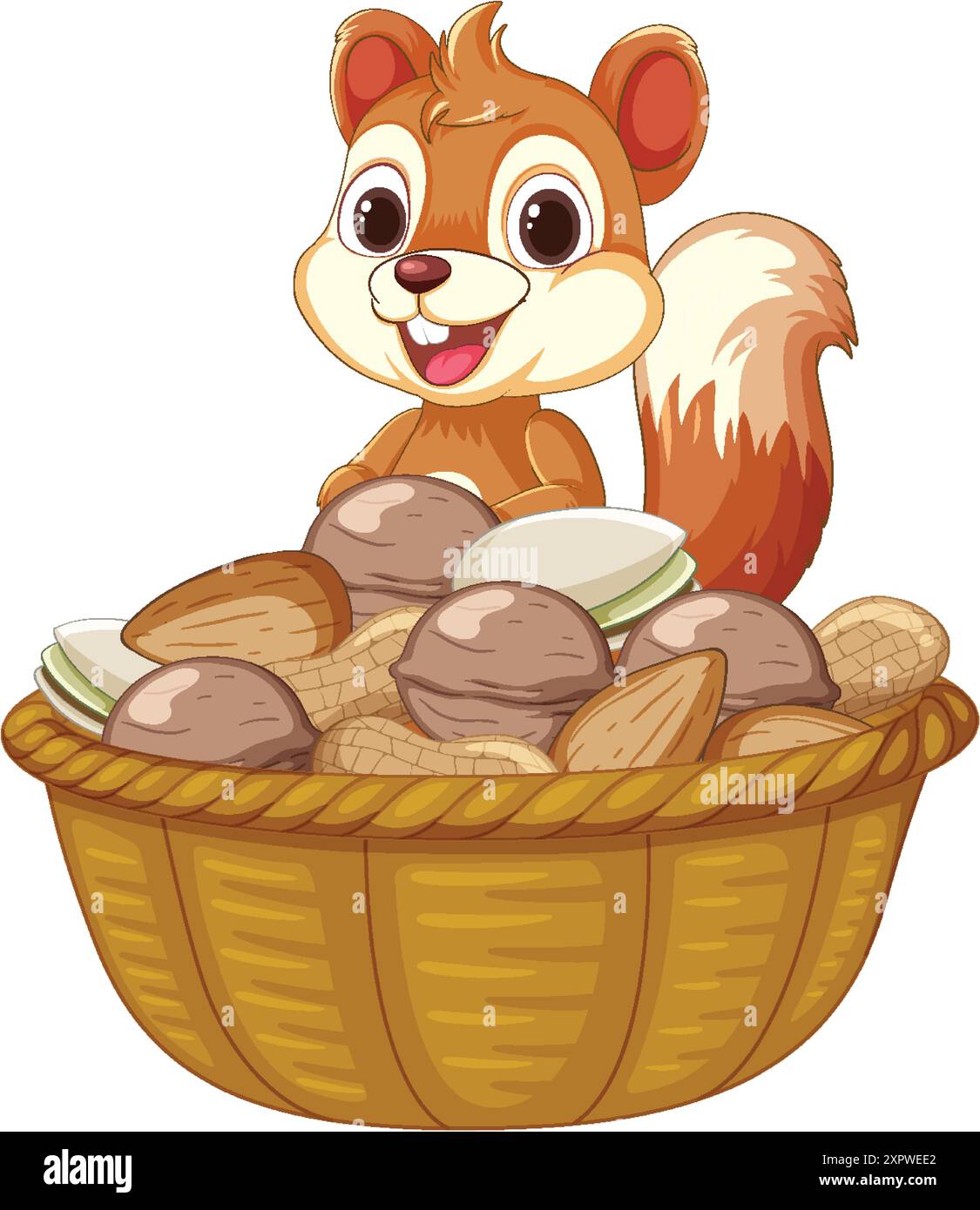 Fröhliches Eichhörnchen, das auf einem Korb voller Nüsse sitzt Stock Vektor