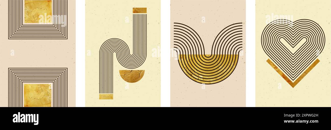 Satz abstrakter Poster mit Streifenbögen und geometrischen Formen. Vektor-Hintergrund mit goldener Textur im trendigen Bohemian-Stil Stock Vektor