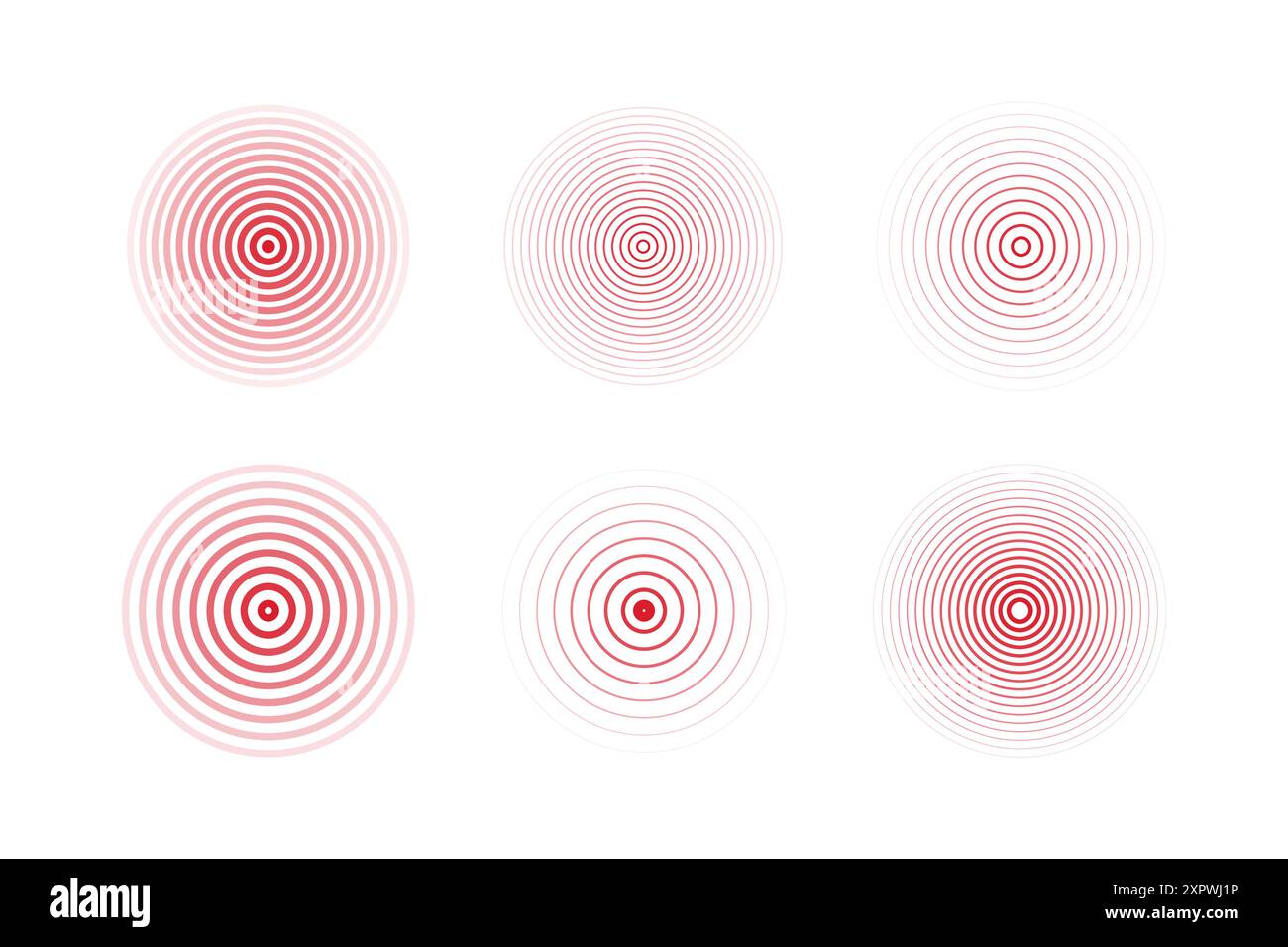 Konzentrische Welligkeitskreise festgelegt. Erdbeben-Warnradar. Radialsignal, Sonarwelle, Schallwellenringe. Berühren Sie Effekt oder Puls. Vektorabbildung Stock Vektor