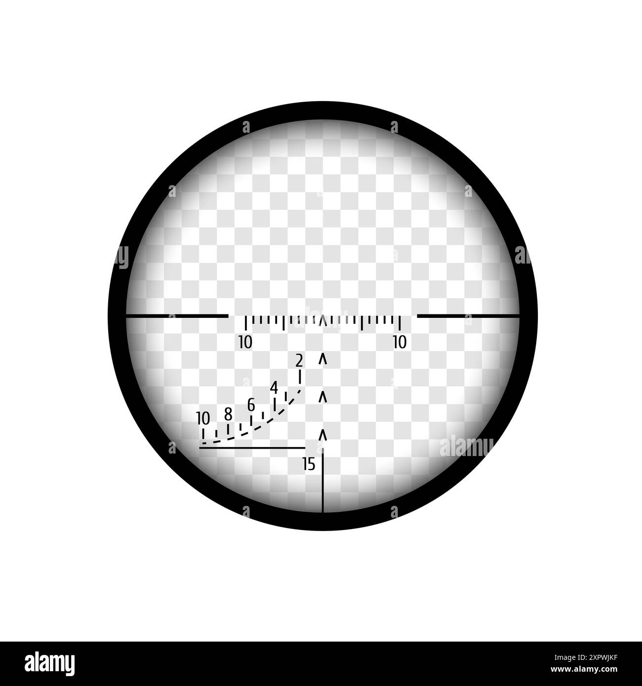 Sniper-Oszilloskop mit Messmarkierungen. Realistisches optisches Gewehrvisier. Jagdsucher. Transparenter Hintergrund. Isoliert auf weiß. Vektorgrafik. Stock Vektor