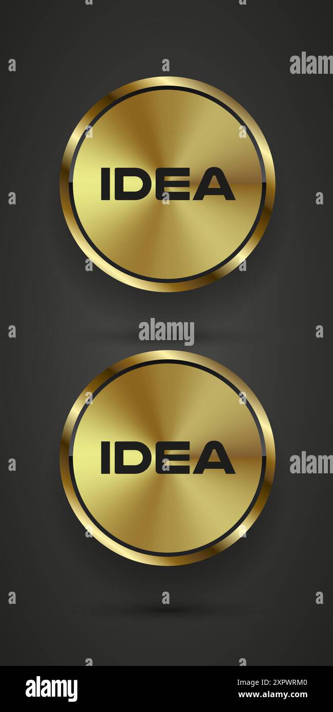 Zwei luxuriöse, ealistische Metallknöpfe mit Vektor-Infografik. 2 Premium-Symbole isolierter dunkler Hintergrund mit Farbverlauf Stock Vektor