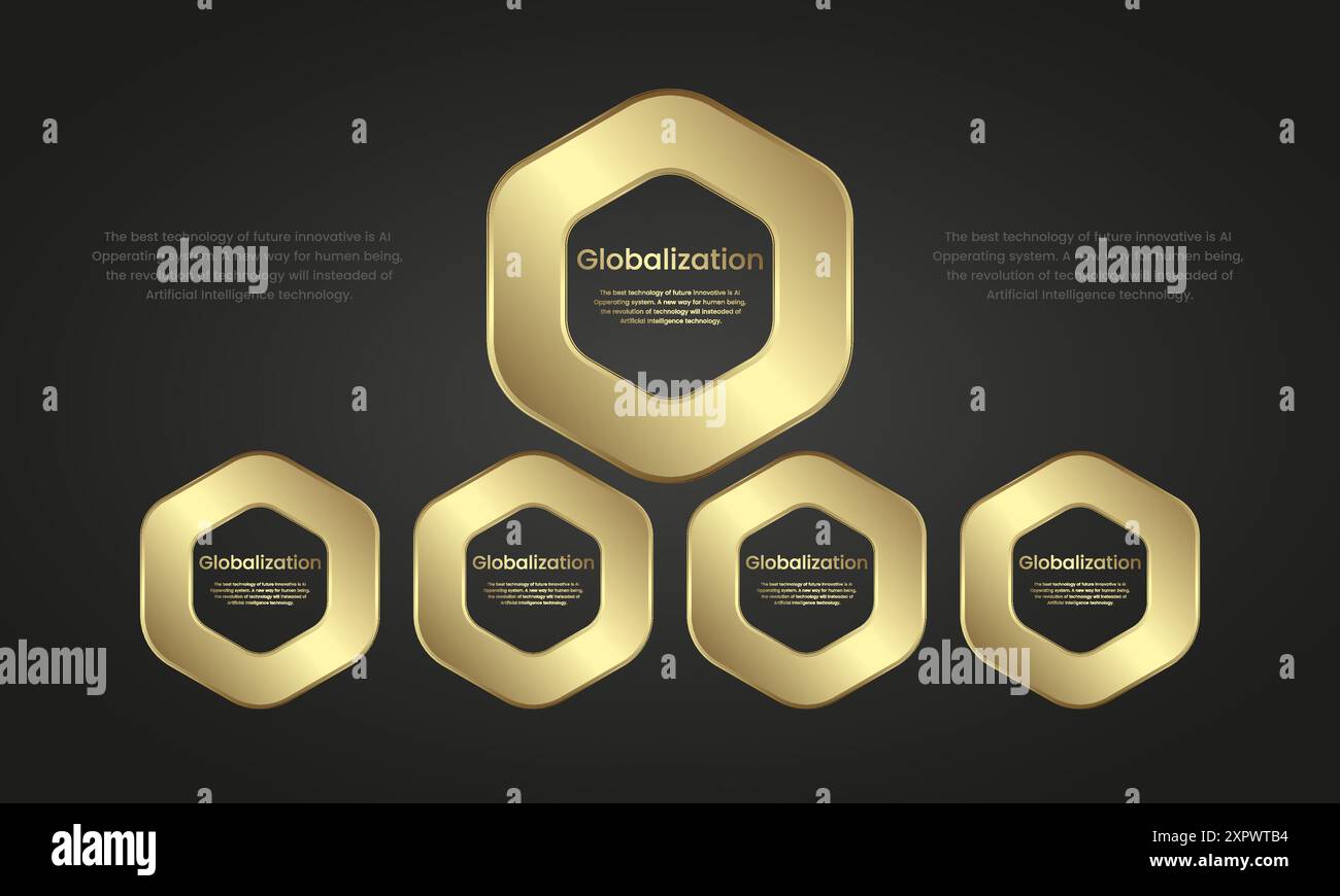 Set aus hochwertigen sechseckigen Infografik-Symbolen auf dunklem Hintergrund mit Farbverlauf, Luxus-Symbol-Infografik-Design. Eine goldene Webschaltfläche. Und Vektor, illustr Stock Vektor