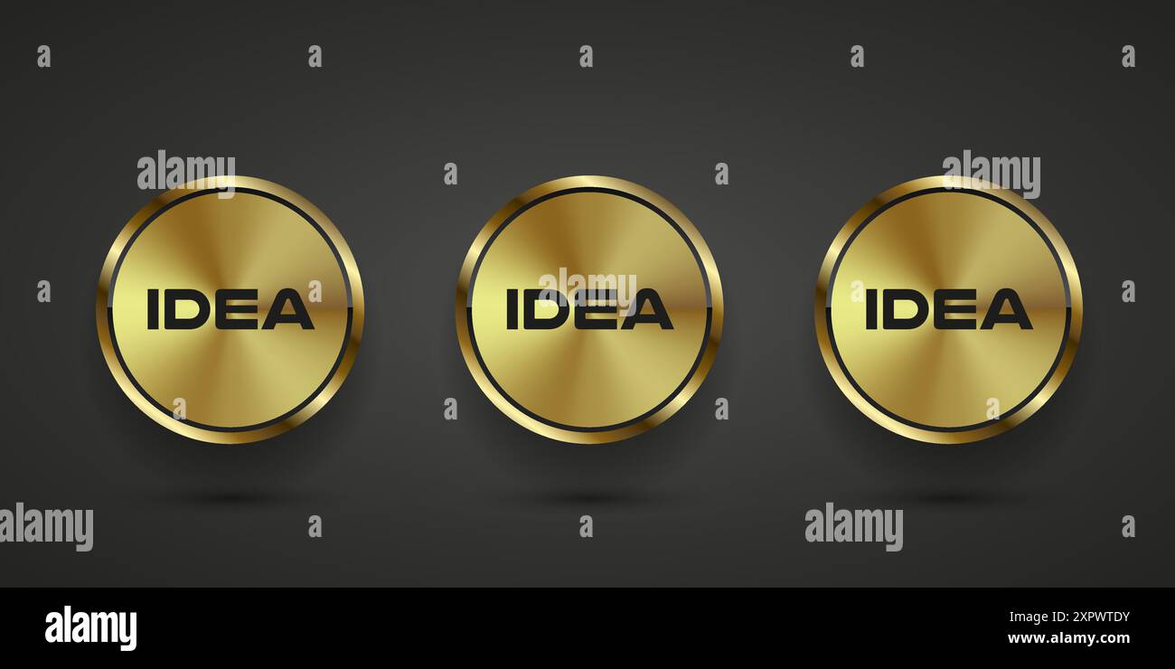 Kollektion von drei luxuriösen, ealistischen Metallknöpfen Vektor-Infografik-Design. Drei Premium-Symbole isolierter dunkler Hintergrund mit Farbverlauf, ein Premium-V Stock Vektor