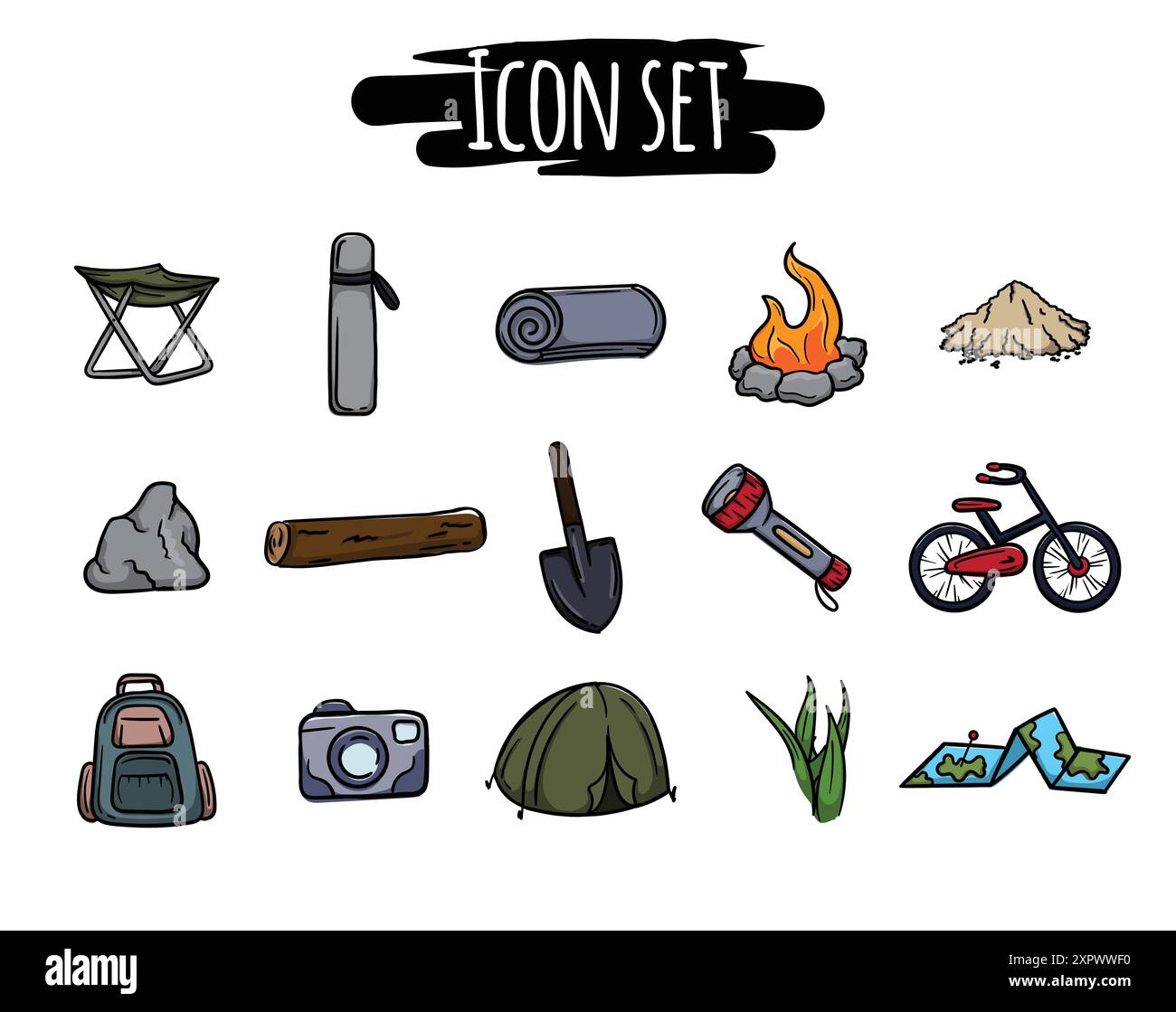 Helles Set handgezeichneter Symbole für Camping, Wandern, Reisen, Camp. Einfache Vektorzeichen und -Symbole für Design Stock Vektor