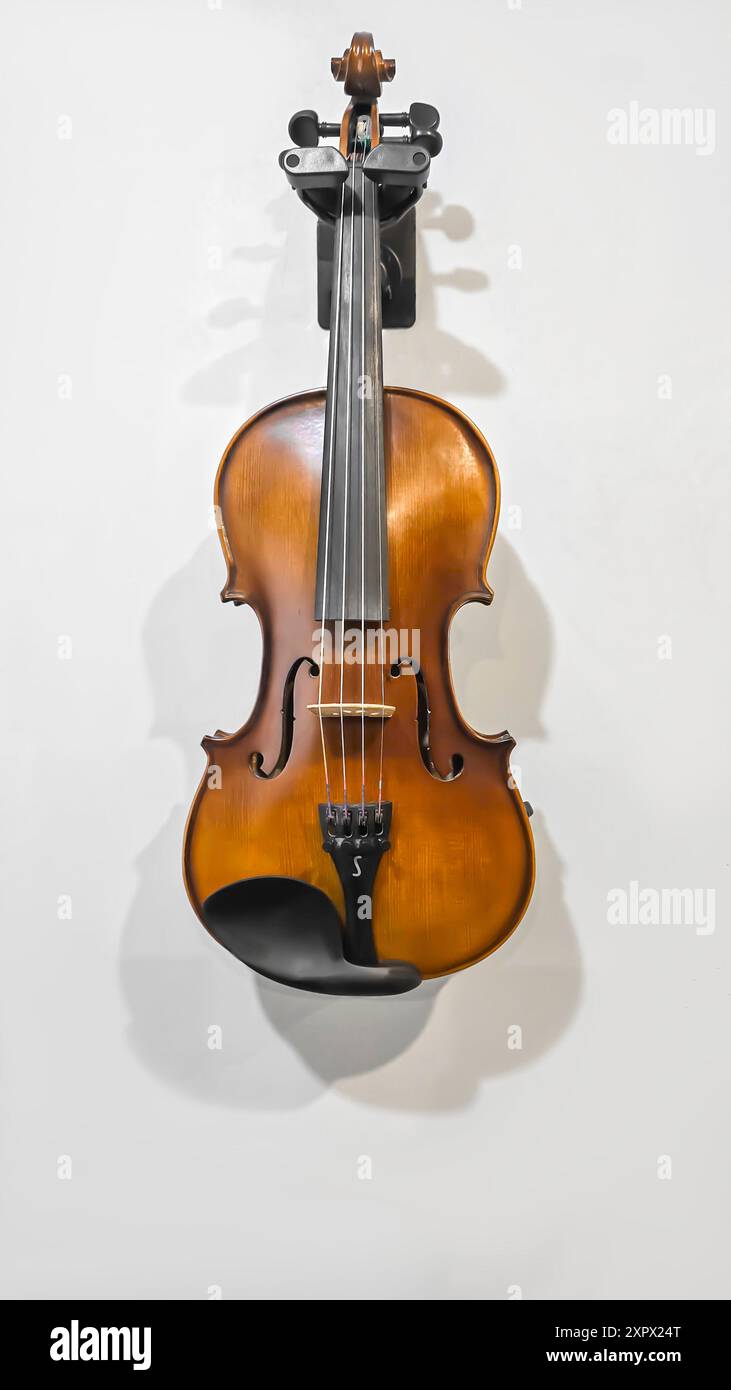 Violine, Musikinstrument hängt an grauer Wand. Klassisch, Kopierbereich Stockfoto