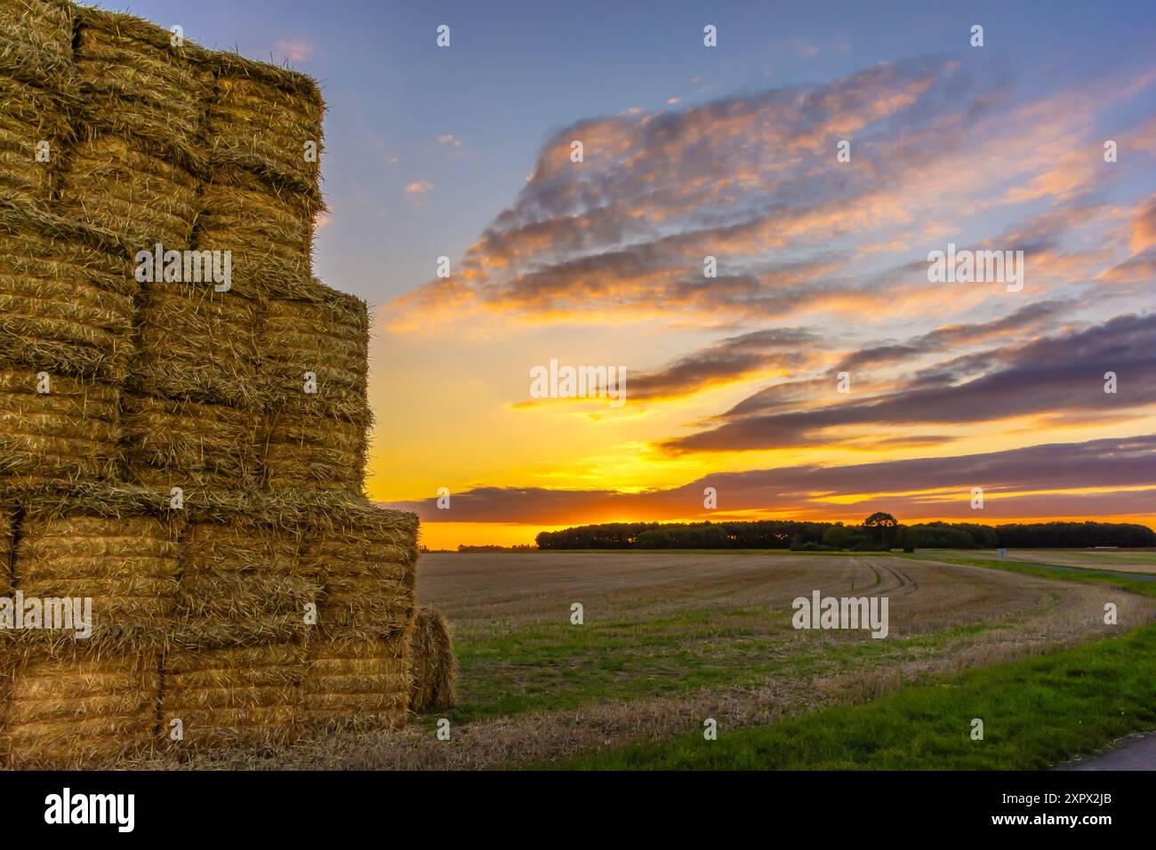 Malerischer Blick auf Heuballen auf dem ernteten Weizenfeld im Loire-Tal in Frankreich bei dramatischem Sommeruntergang Stockfoto