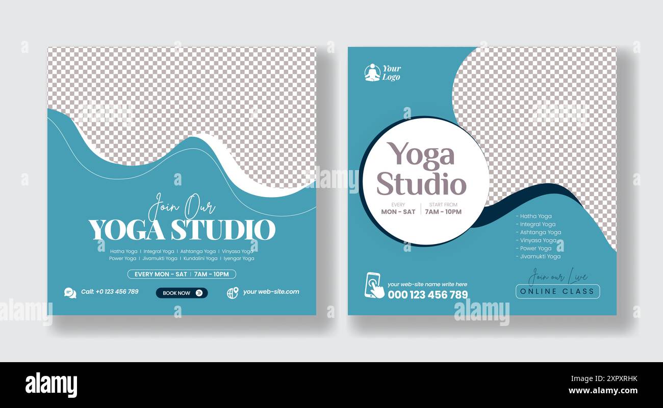 Online Yoga Studio Webbanner oder quadratisches Poster Flyer für Social Media Werbung Stock Vektor