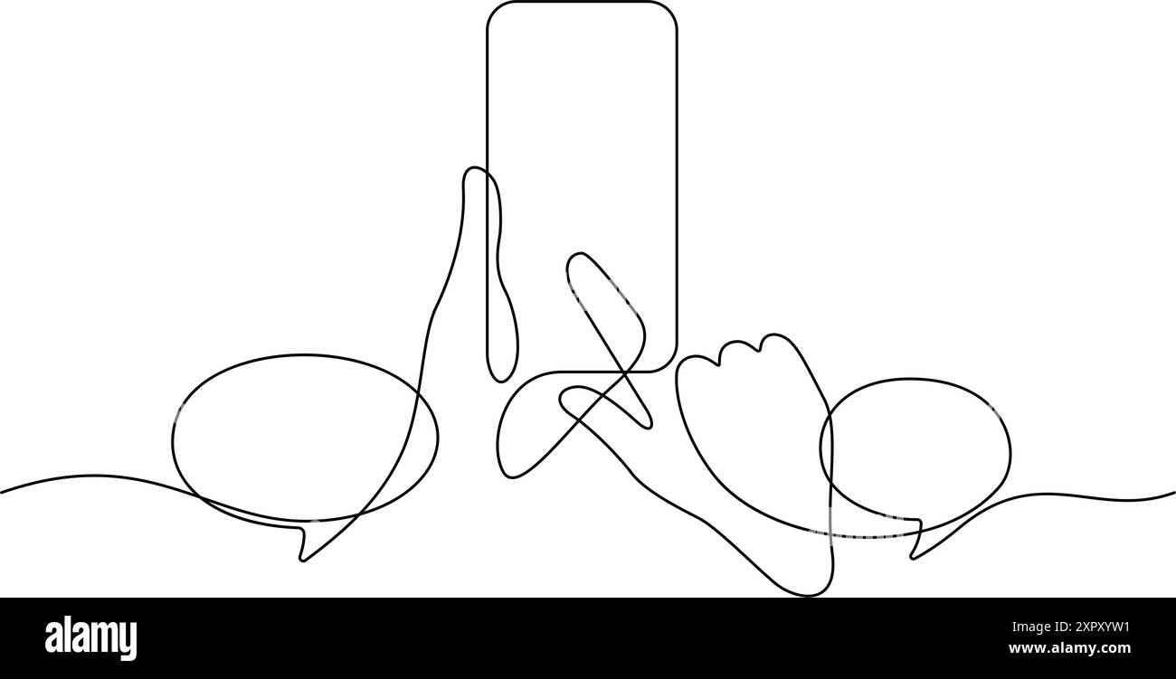 Hand mit Smartphone Online-Messaging-Chat kontinuierliche Linienzeichnung Minimalismus Stock Vektor
