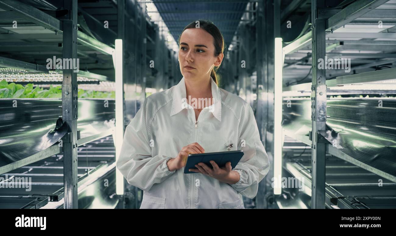 Biologiewissenschaftler, der in einer vertikalen Farm neben Rack mit natürlichen Öko-Pflanzen arbeitet. Weibliche Landwirtschaftsingenieurin mit einem Tablet-Computer, die Erntegutinformationen vor der Verteilung organisiert und analysiert Stockfoto