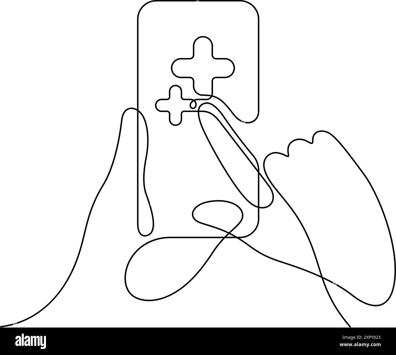 Hand mit Smartphone-Geschäft Wachstum und gesundes medizinisches Konzept plus Zeichen eine Linie kontinuierliche Illustration Stock Vektor