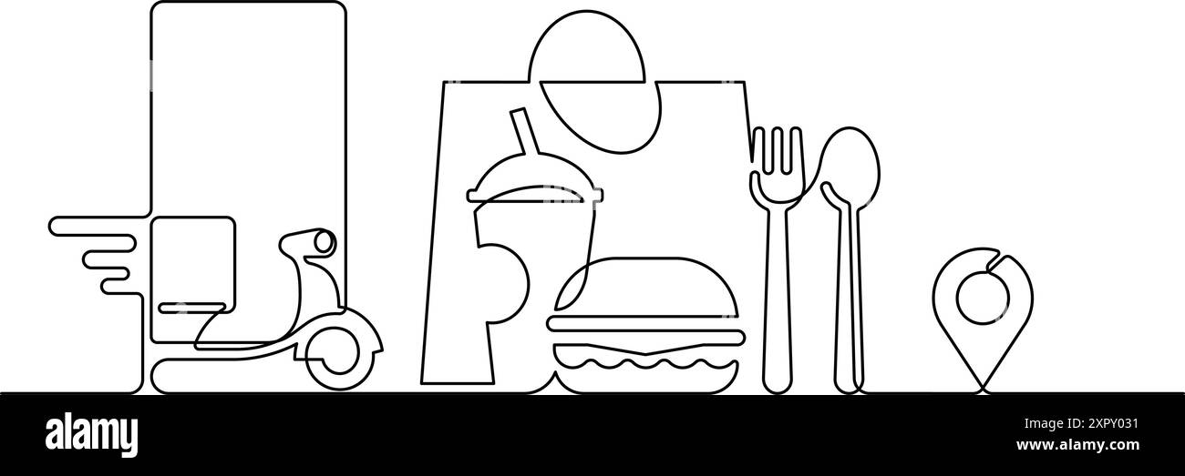 Online-Service für Motorräder mit express-Lieferung mit Smartphone-App für Mobiltelefone, eine Zeile, durchgängige einfache Illustration Stock Vektor