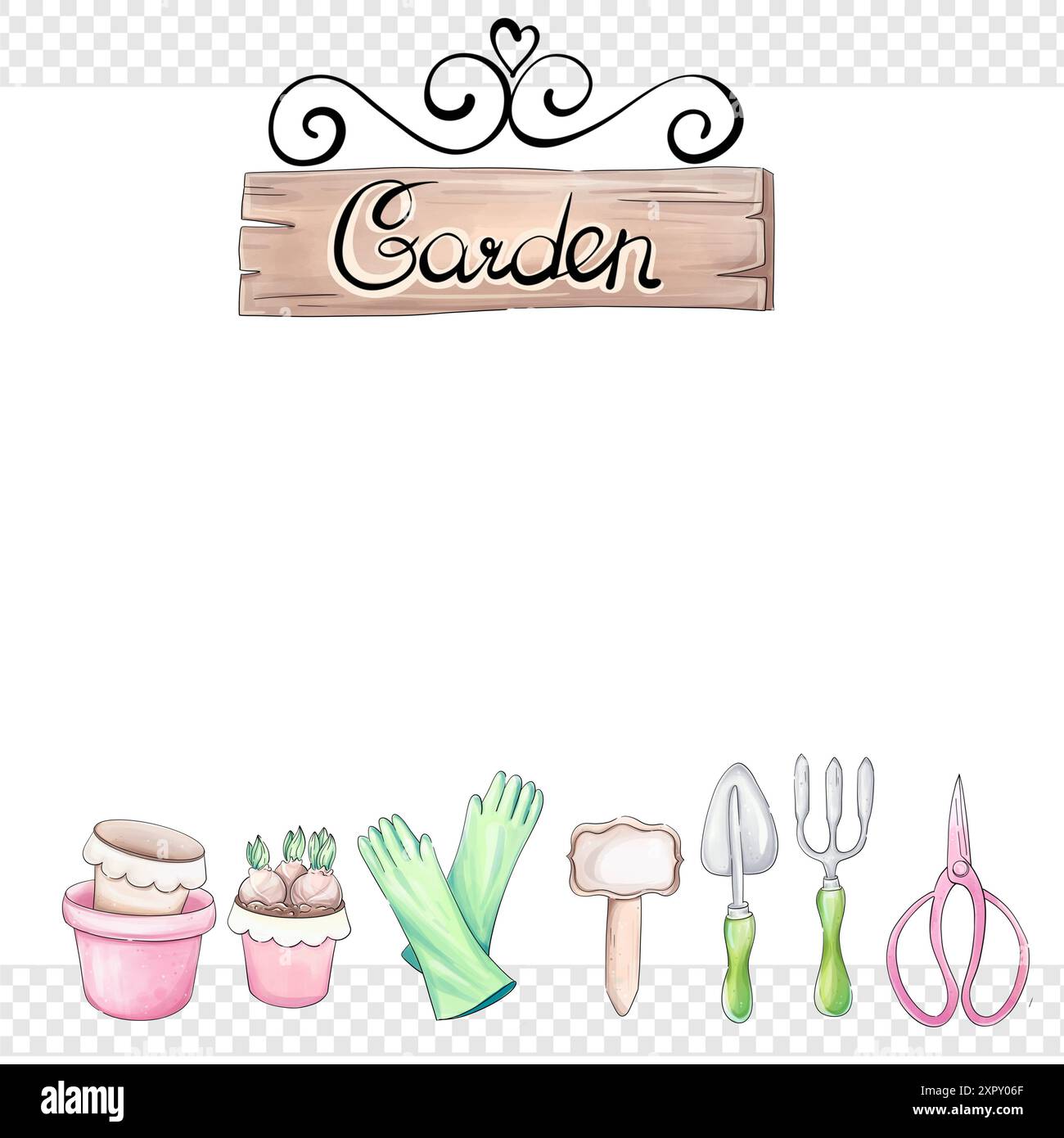 Aquarellvorlage. Mit Gartenwerkzeugen handgezeichnet. Farming ClipArt in Cartoon, romantischer Stil. Frühlingsgartendesign für Stockfoto