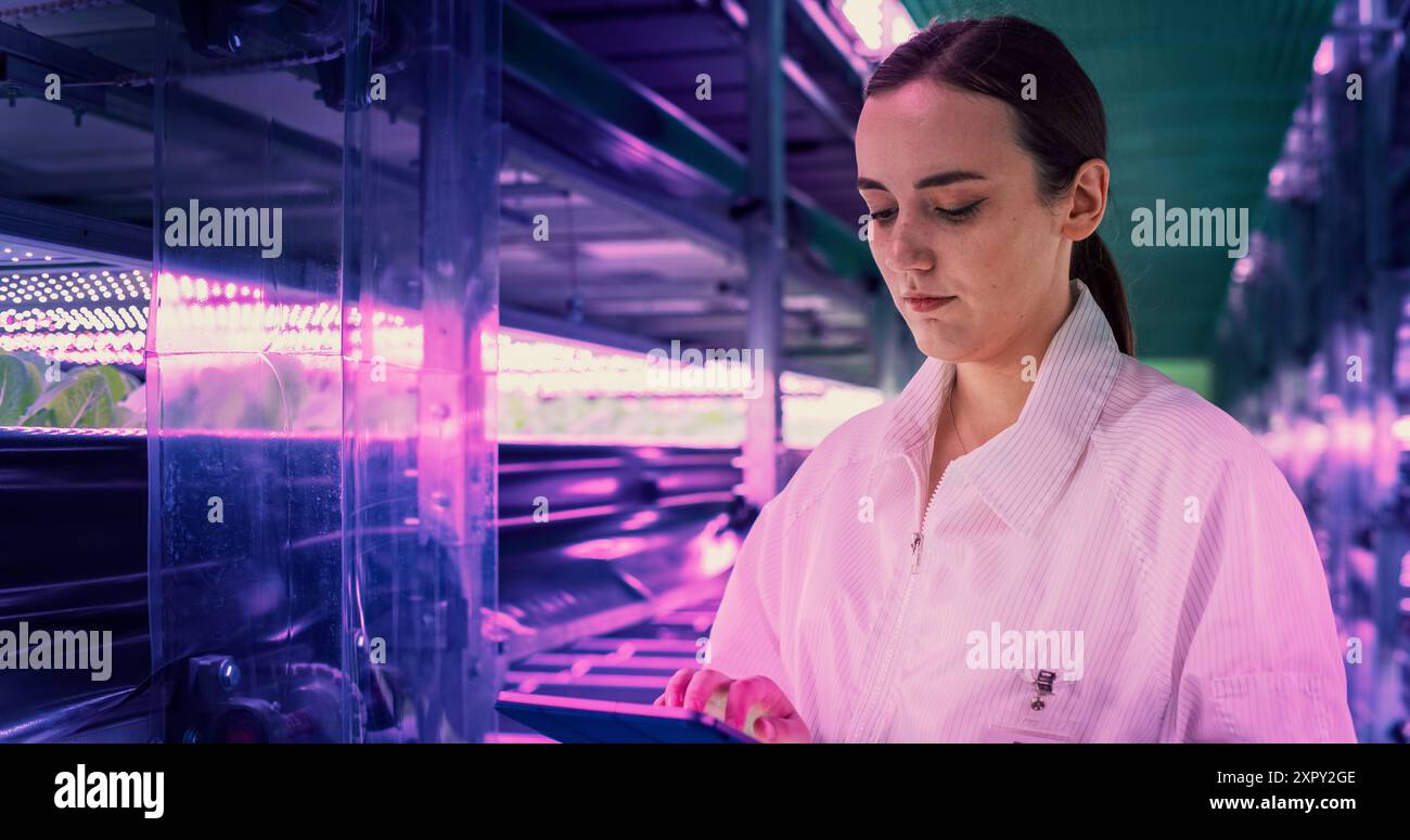 Porträt einer Landwirtschaftsingenieurin, die in einer vertikalen Farm neben Racks mit frischen Naturkulturen spaziert. Spezialist für Hydrokultur mit einem Tablet-Computer, das Pflanzen studiert und kultiviert Stockfoto
