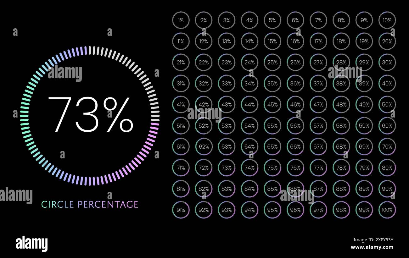 Kreis Prozentdiagramm Vektor Illustration Set von 1 bis 100 mit bunten weichen rosa Neonfarbe auf schwarzem Hintergrund. Fortschrittsbalken für Gradienten, Laden Stock Vektor