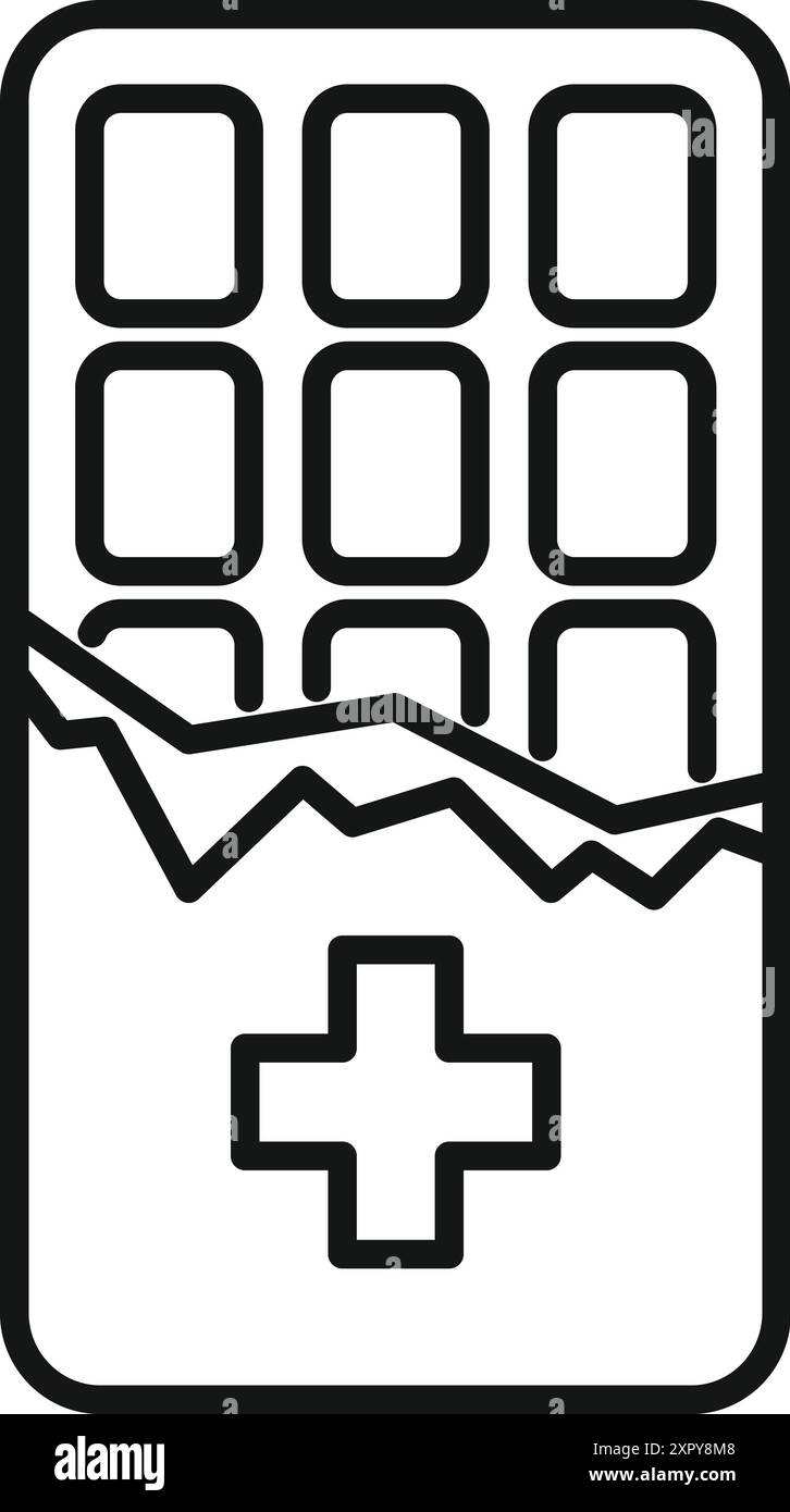 Linie Symbol einer medizinischen Pille Verpackung bricht unter Druck, repräsentiert steigende Gesundheitskosten Stock Vektor