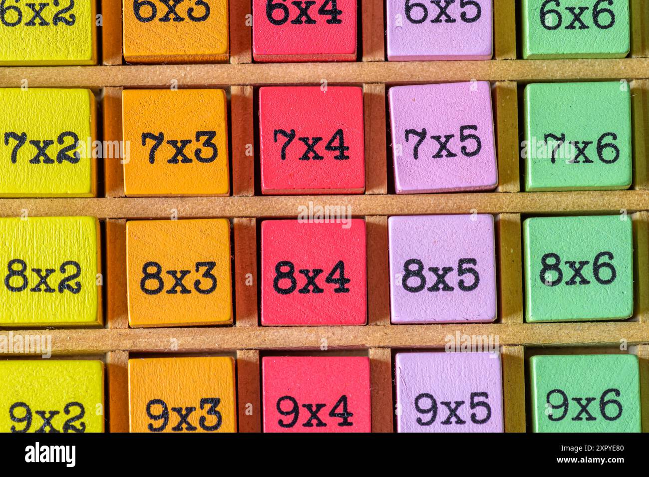 Farbenfroher hölzerner Multiplikationstisch, Konzept-Kinderspielzeug Stockfoto