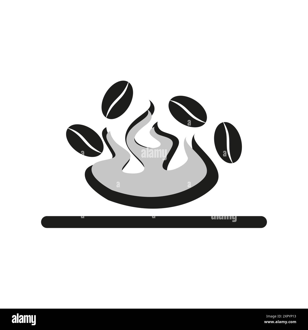 Symbol für Dampfkaffeetasse. Schwimmende Kaffeebohnen. Schwarz-weiß-Vektor. Stock Vektor