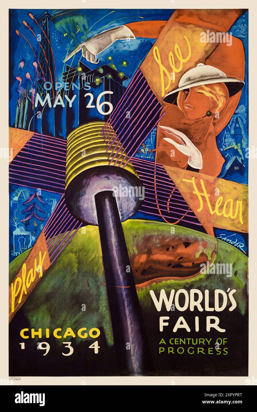 Siehe. Hören. Spielen. Chicago 1934 World's Fair von Sándor (Alexander Raymond Katz) (1895-1974). Poster veröffentlicht 1934 in den USA. Stockfoto