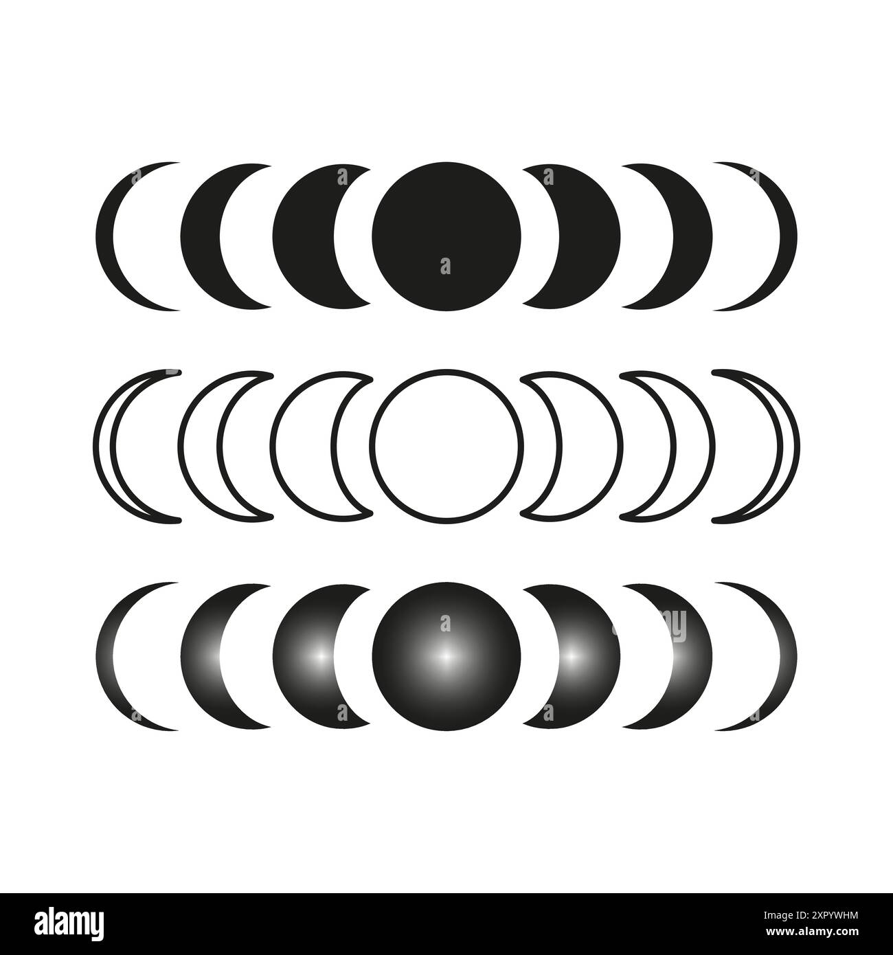 Mondphasen eingestellt. Symbole für den Mondzyklus. Schwarz-weiß-Vektor. Himmlische Symbole. Stock Vektor