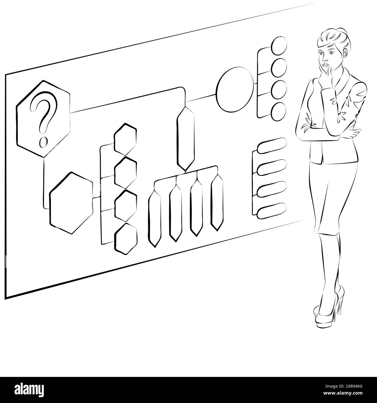 Frau verwendet ein Entscheidungsbaumdiagramm, um ein Problem oder eine Chance im Entscheidungsprozess zu identifizieren. Geschäftskonzept. Skizze. Vektorabbildung. Stock Vektor