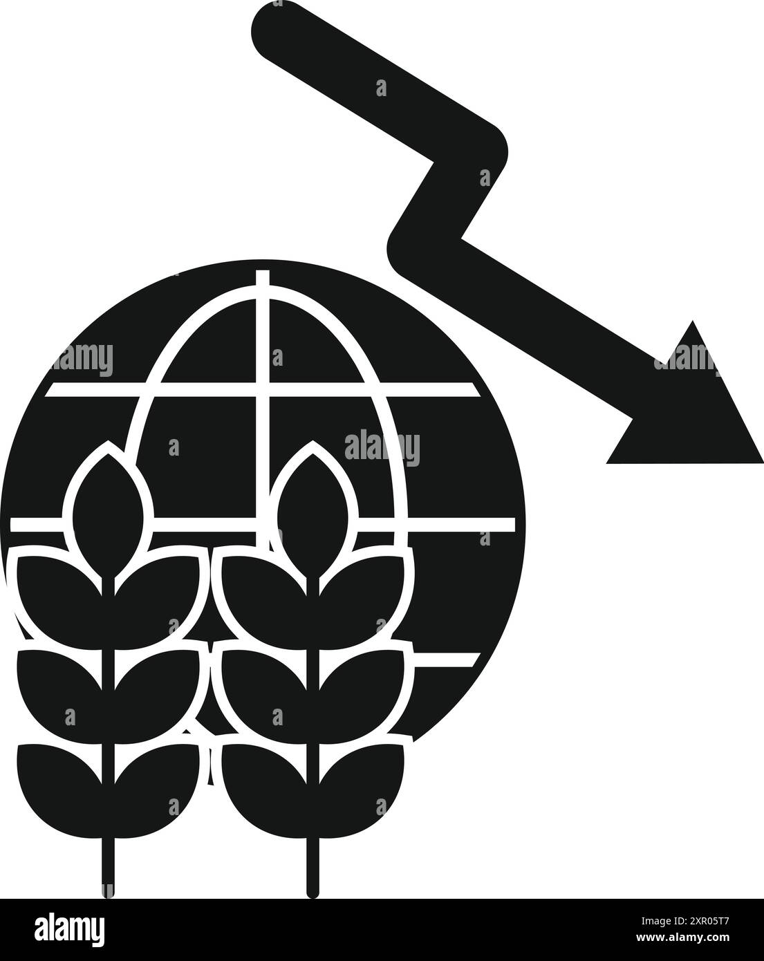 Schwarz-weiß-Symbol, das eine globale Weizenkrise darstellt, mit einem Pfeil nach unten, der das sinkende Nahrungsmittelangebot symbolisiert Stock Vektor