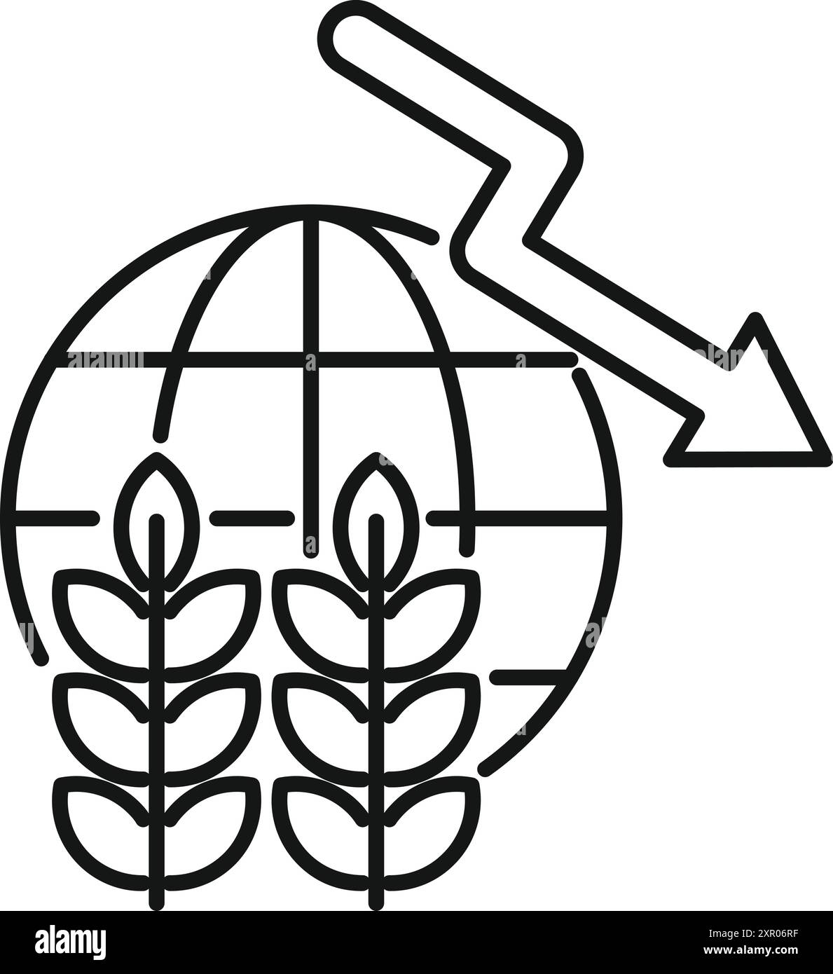 Strichsymbol, das eine globale Weizenkrise darstellt, mit einem Pfeil nach unten, der eine sinkende Produktion symbolisiert Stock Vektor