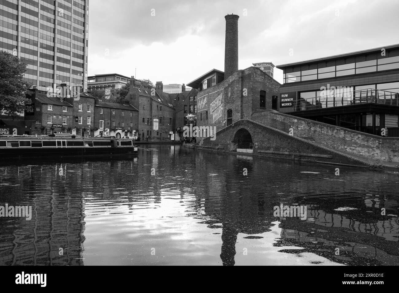 Blick auf das Gas Street Basin von Birmingham, ein Kanalnetz von 1773, das für industrielle Zwecke gebaut wurde, in Birmingham, 7. August 2024, Großbritannien Stockfoto