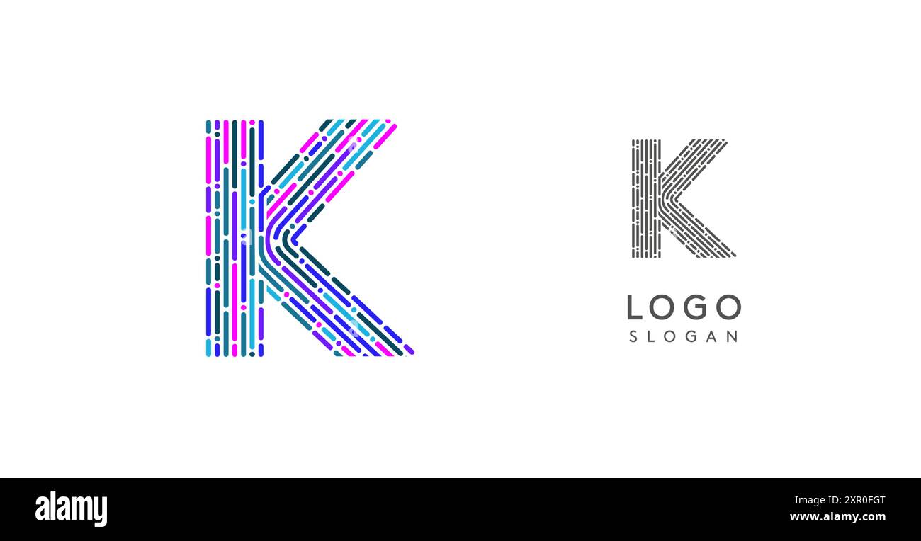 Farbenfrohes, abstraktes K-Logo mit futuristischem Schaltkreismuster. Ideal für Technologieunternehmen, digitale Medien, Software, Apps, Netzwerke, Branding Stock Vektor