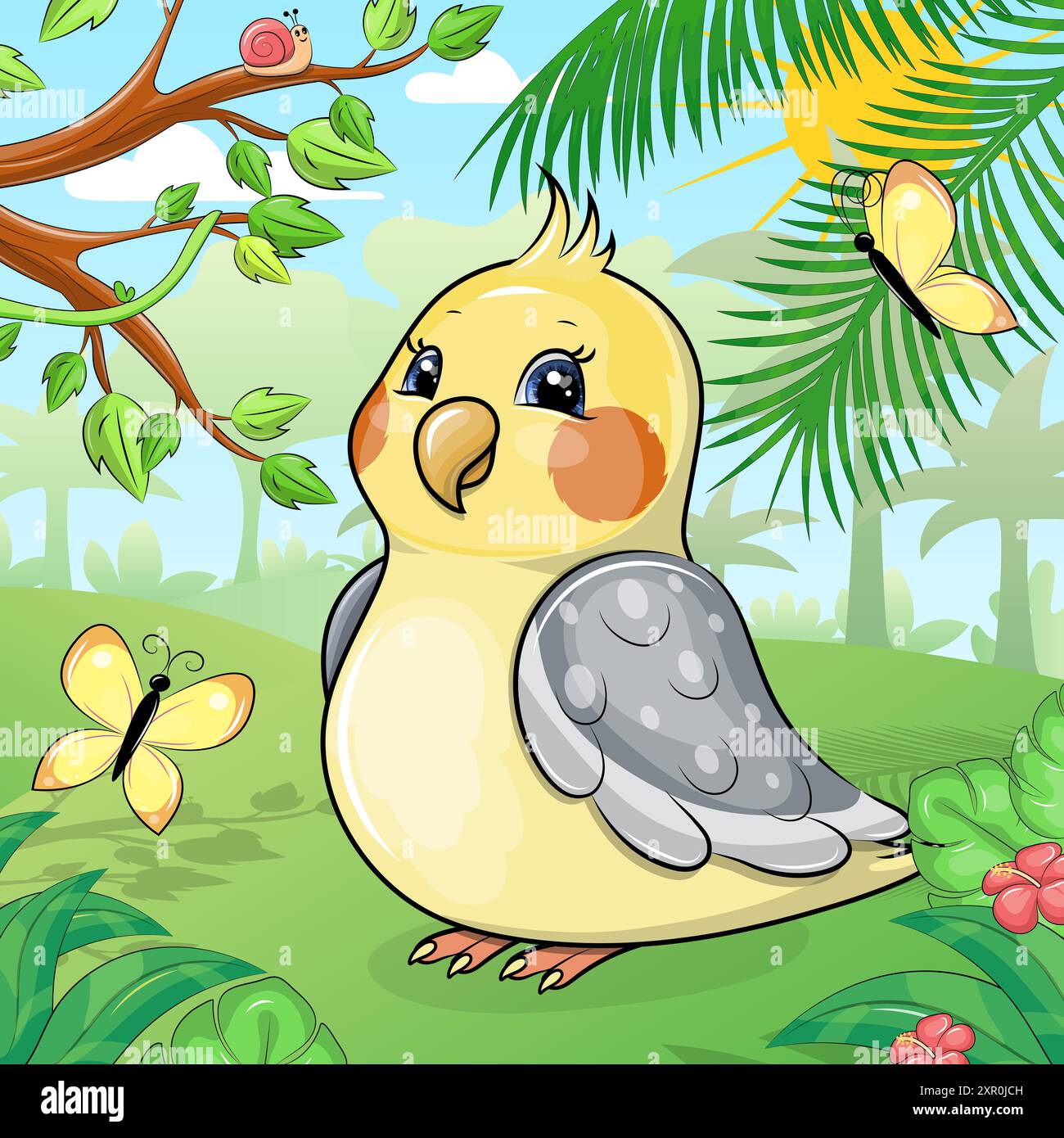 Niedlicher Cartoon-Kakatiel in der Natur. Vektorillustration eines Tieres in einem Garten oder Wald mit roten Blumen, gelben Schmetterlingen und Bäumen. Stock Vektor