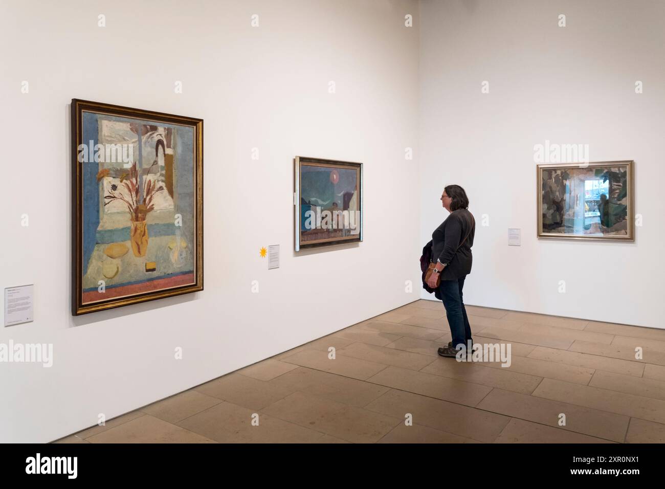 Frau, die Gemälde im Pier Arts Centre, Stromness, Orkney ansieht. Stockfoto