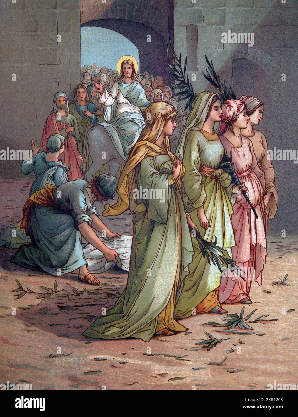 Illustration Einzug Jesu nach Jerusalem mit Anhängern, die Tücher nehmen und auf den Boden legen, damit der Esel auf dem Boden von Ant aus gehen kann Stockfoto