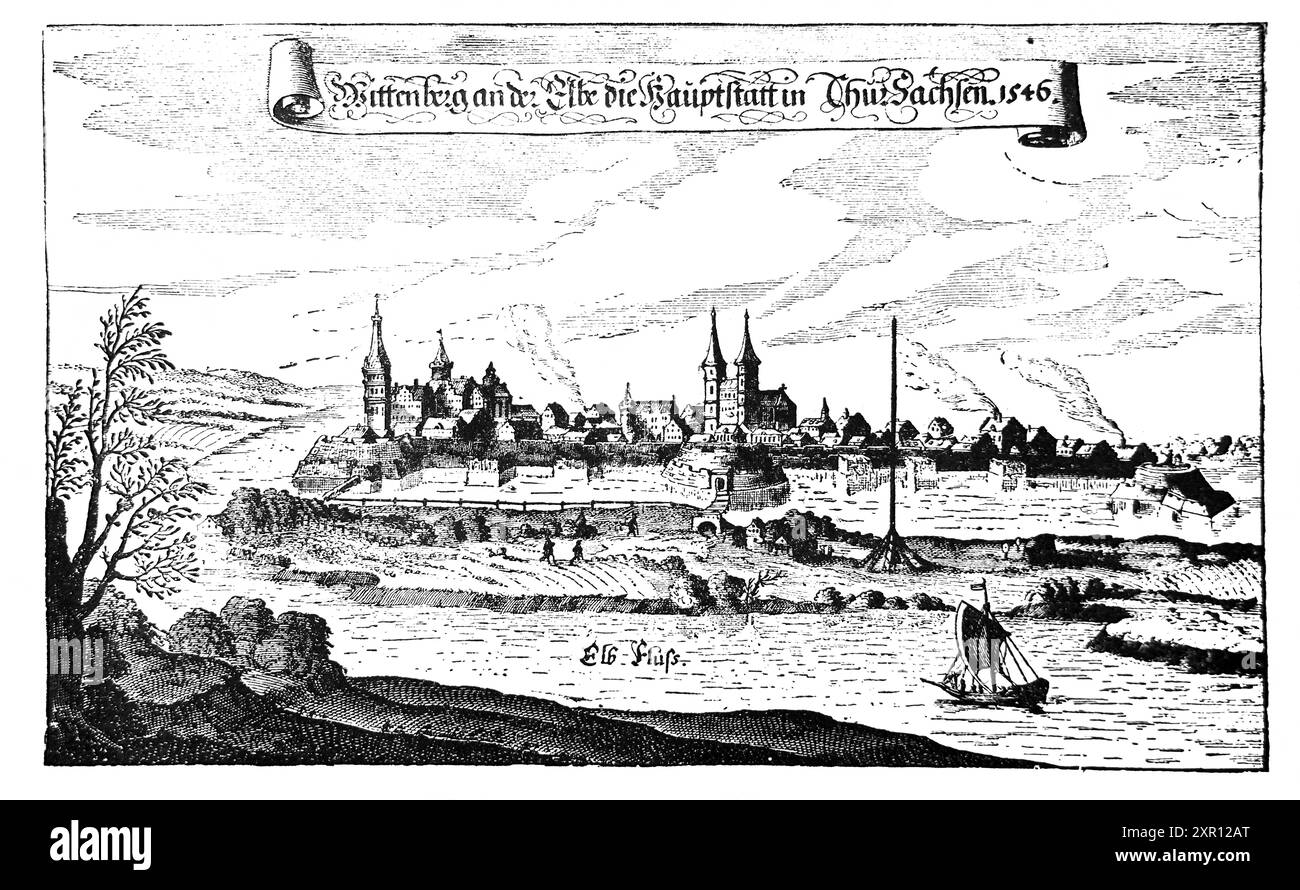 Wittenberg Deutschland aus einer alten Gravur 1546 zur Zeit Martin Luthers aus dem Buch Luther von Julius Kostlin Stockfoto
