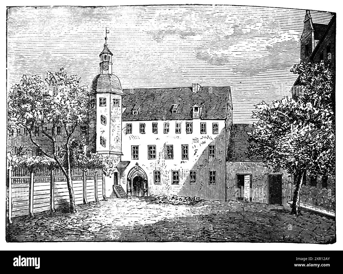 Illustration von Luthers Haus, wo er den größten Teil seines Erwachsenenlebens lebte und wo er seine 95 Thesen schrieb, die er zuvor ein Kloster aus dem Leben Luthers schrieb Stockfoto