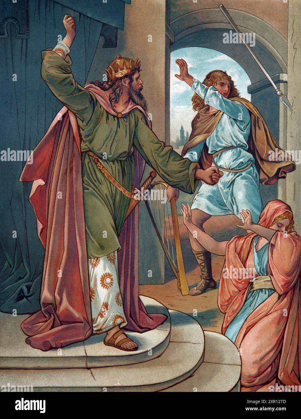 Illustration von König Saul, der David mit seinem Speer bewarfen wollte, um ihn zu töten, aber er verpasste aus dem antiken Buch des 19. Jahrhunderts God is love Bible Pictures a Stockfoto