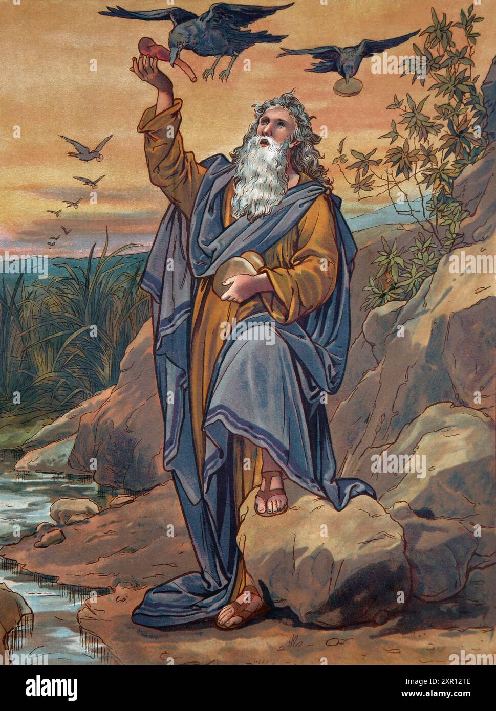 Illustrationen von Elijah am Bach, die von den Raben aus dem antiken 19. Jahrhundert Buch God Is Love Bible Pictures and Stories for the Young von Mrs. L. Haskel illustriert von John Lawson Stockfoto