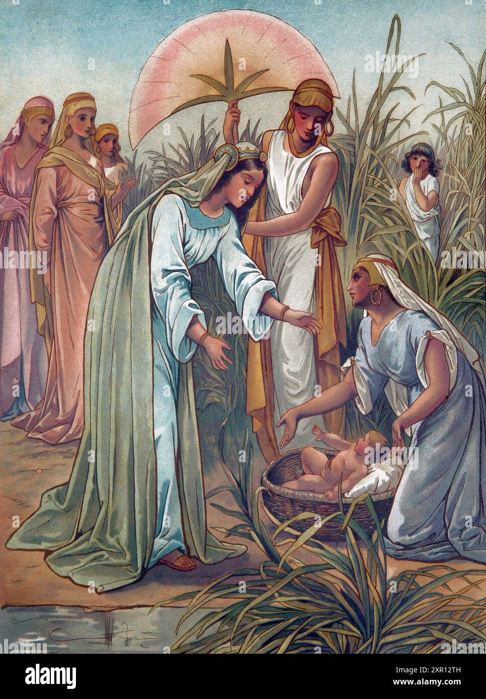 Illustration von Pharaos Tochter, die Moses in den Stierkrauschen findet, während seine Schwester Miriam sich versteckt und über ihm wacht (Exodus) Stockfoto