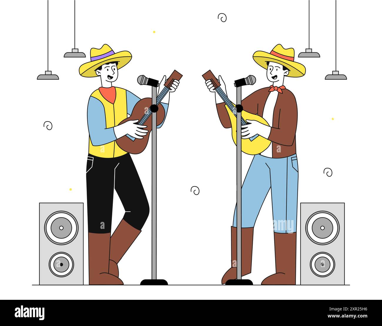 Country-Musiker treten auf. Männer in Jeans und Sombreros mit Gitarren singen. Konzert und Show. Talentierte Sänger und Gitarristen mit Mikrofonen. Linear Stock Vektor