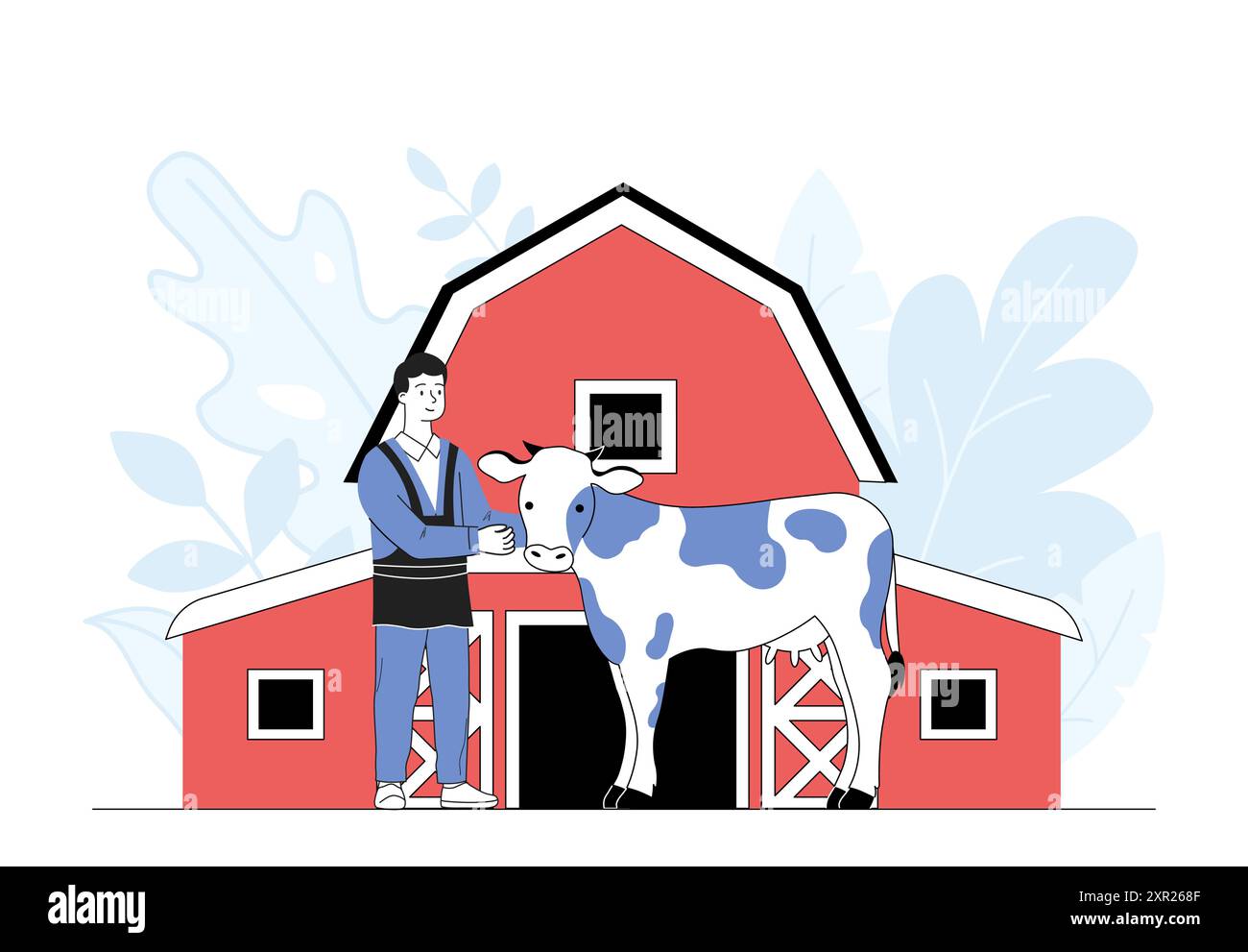 Mann auf der Farm mit Kuh. Junger Kerl mit Vieh in der Nähe der Scheune. Landwirt mit Rindern. Landwirtschaft und Landwirtschaft, ländliche Szene. Dorf und Landschaft. Linear Stock Vektor