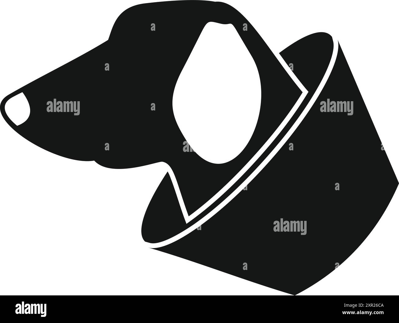 Schwarz-weiße Silhouette eines Hundekopfes, der nach der Operation einen tierärztlichen Schutzkragen trägt Stock Vektor
