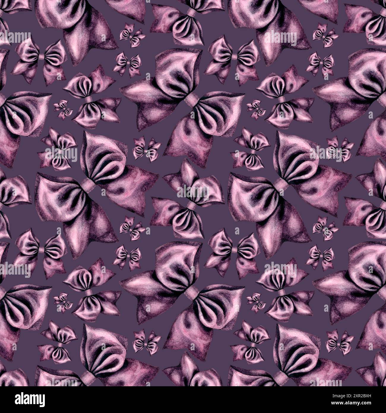 Violette Schleifen auf violettem Hintergrund sind mit Aquarellen als nahtloses Muster versehen. Abbildung als Vorlage für Geschenkverpackung, Geschenkpapier, Textil Stockfoto