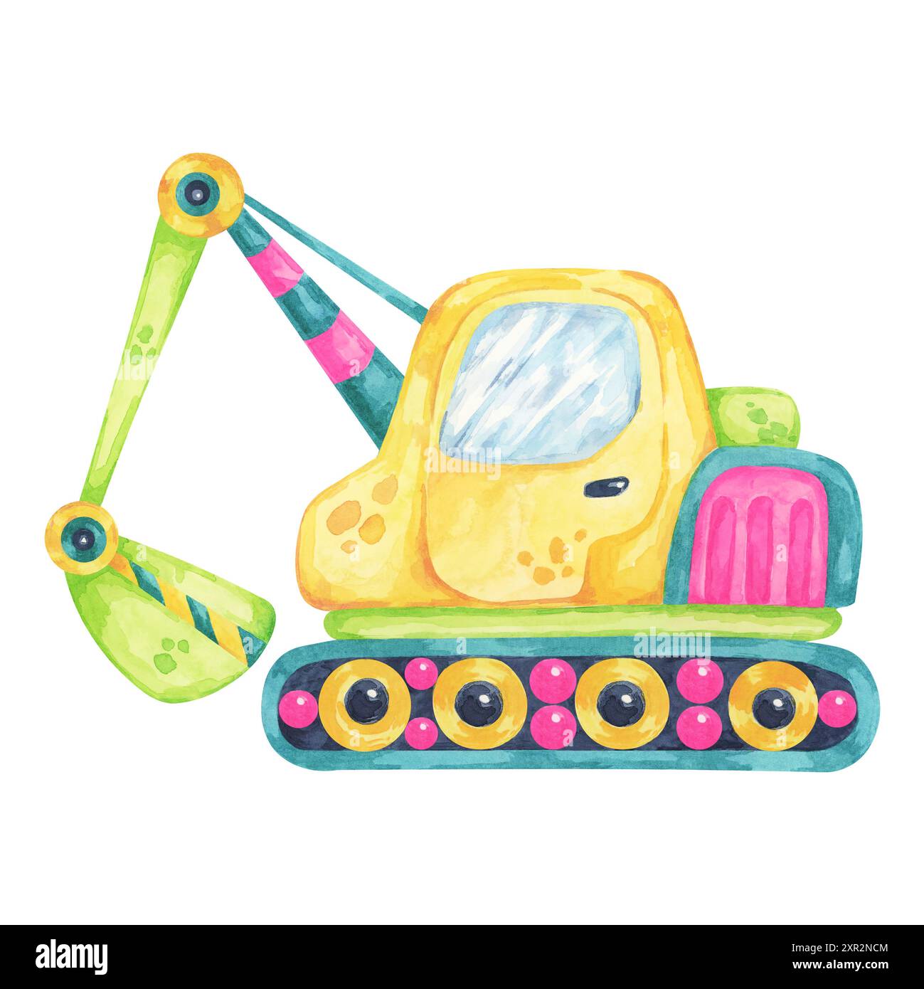 Baggerwagen im Cartoon-Stil mit gelben und grünen Farben. Wasserfarben-Clipart für Baustellenfahrzeuge, geeignet für Illustrationen zum Thema Bau, Kinderzimmer oder Lehrinhalte Stockfoto