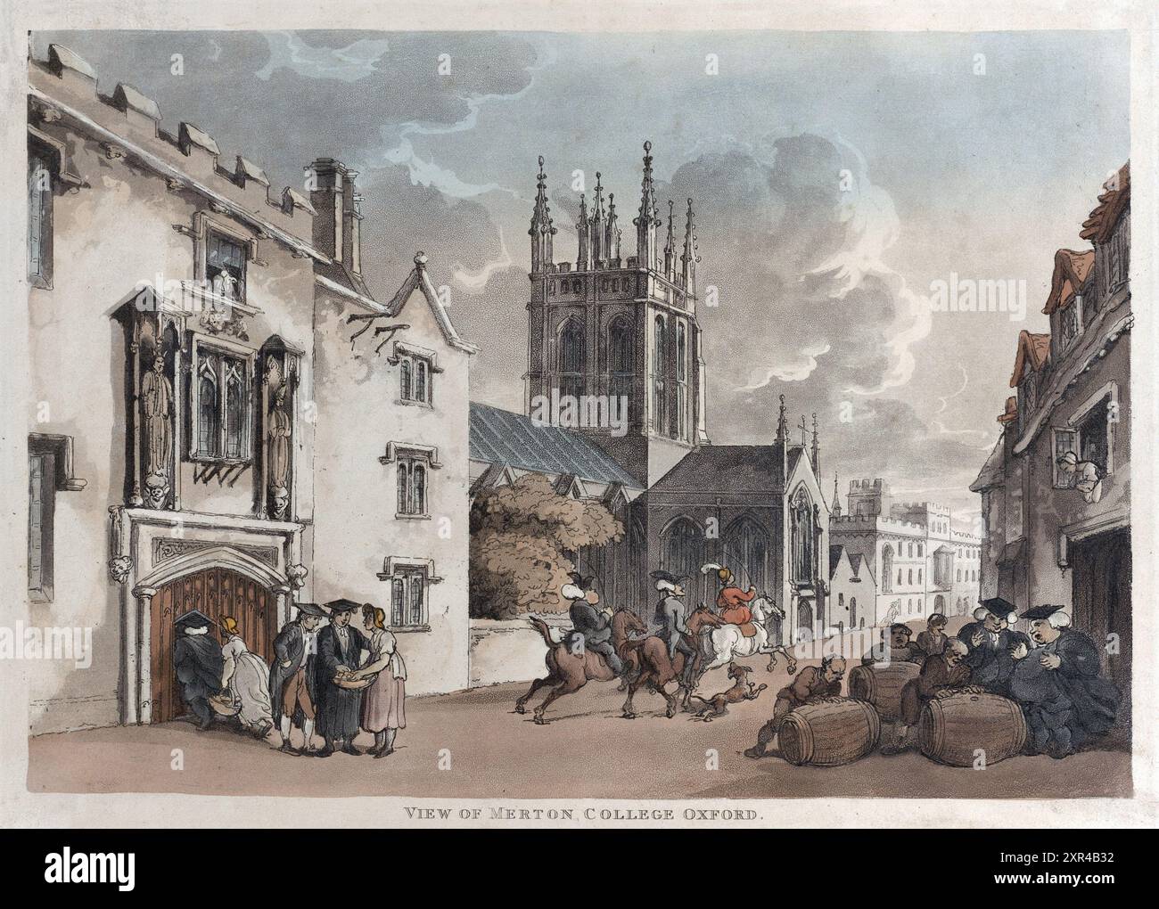 Eine gedruckte farbige Gravur View of the Merton College Oxford, Aquarellgravur auf Papier menschliche Karikaturen Vintage des 19. Jahrhunderts georgianische Ära von Thomas Rowlandson, veröffentlicht von Rudolph Ackermann Antiquitätendruck Stockfoto