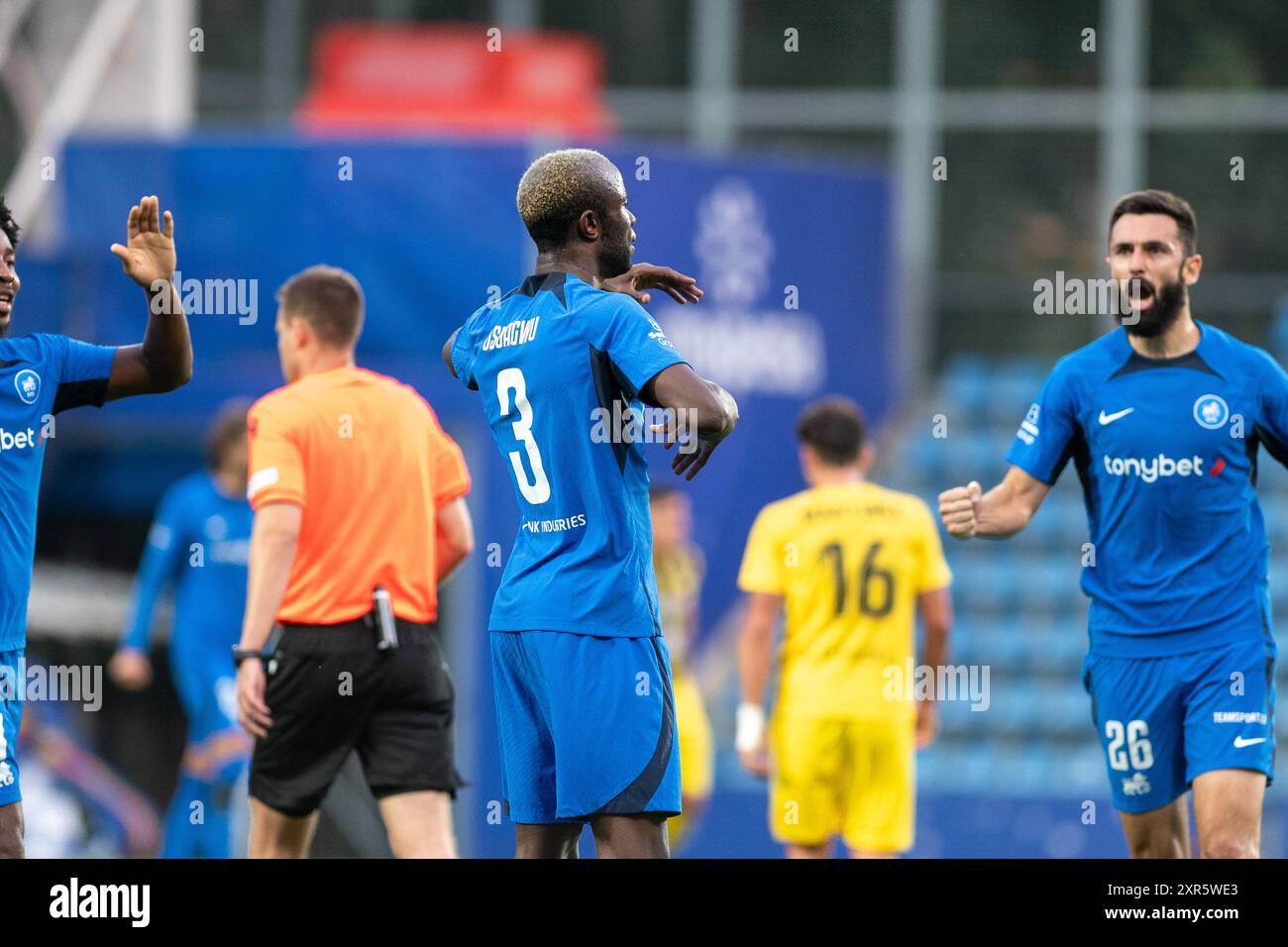 Andorra La Vella, Andorra: 8. August 2024: Victor Osuagwu von RIGAS FS LVA feiert nach der ersten Phase der UEFA Europa League - dritter Qualifying Roun Stockfoto