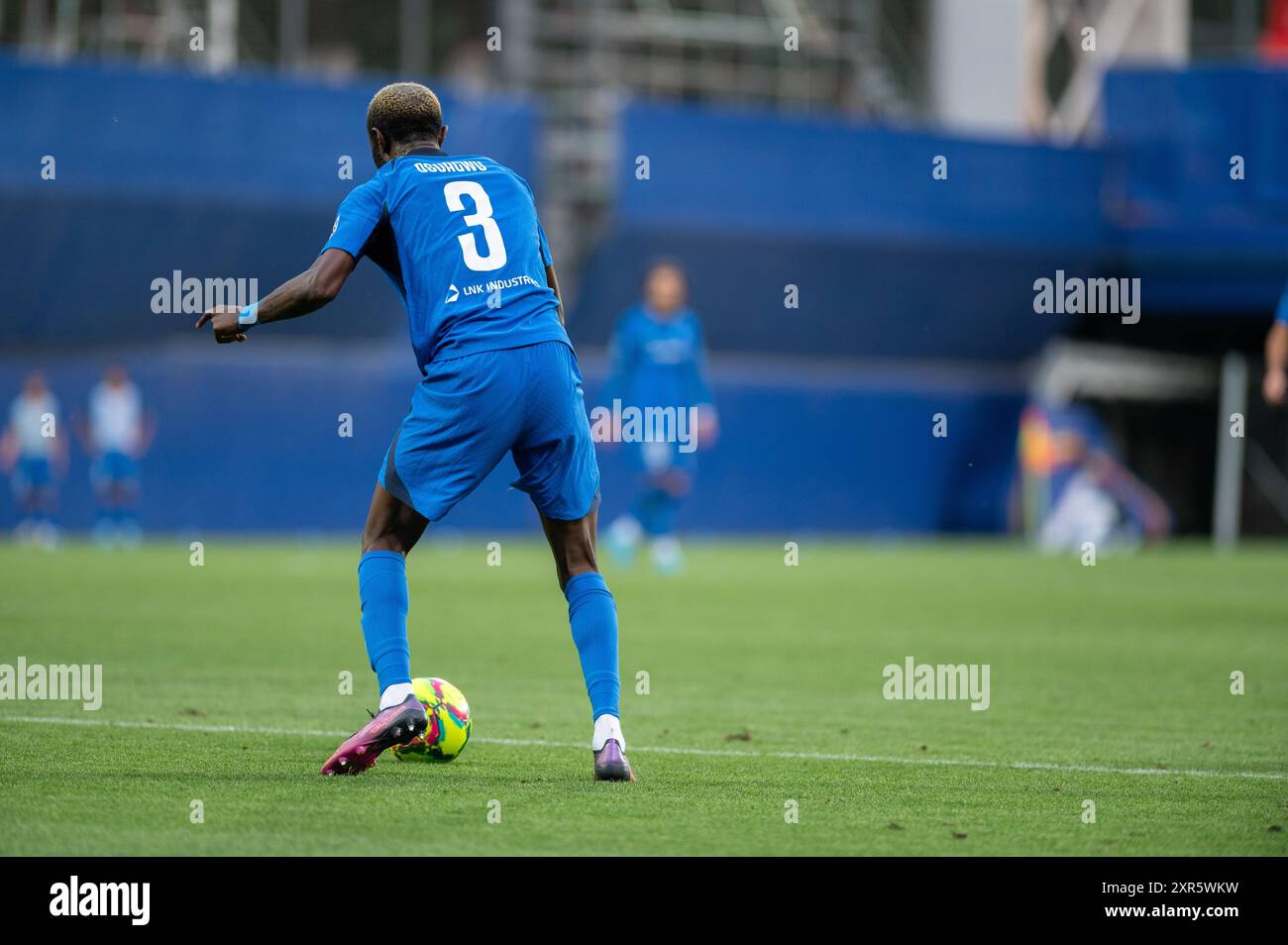 Andorra La Vella, Andorra: 8. August 2024: Victor Osuagwu von RIGAS FS LVA in Aktion während der zweiten Phase der UEFA Europa League – drittes Qualifying Stockfoto