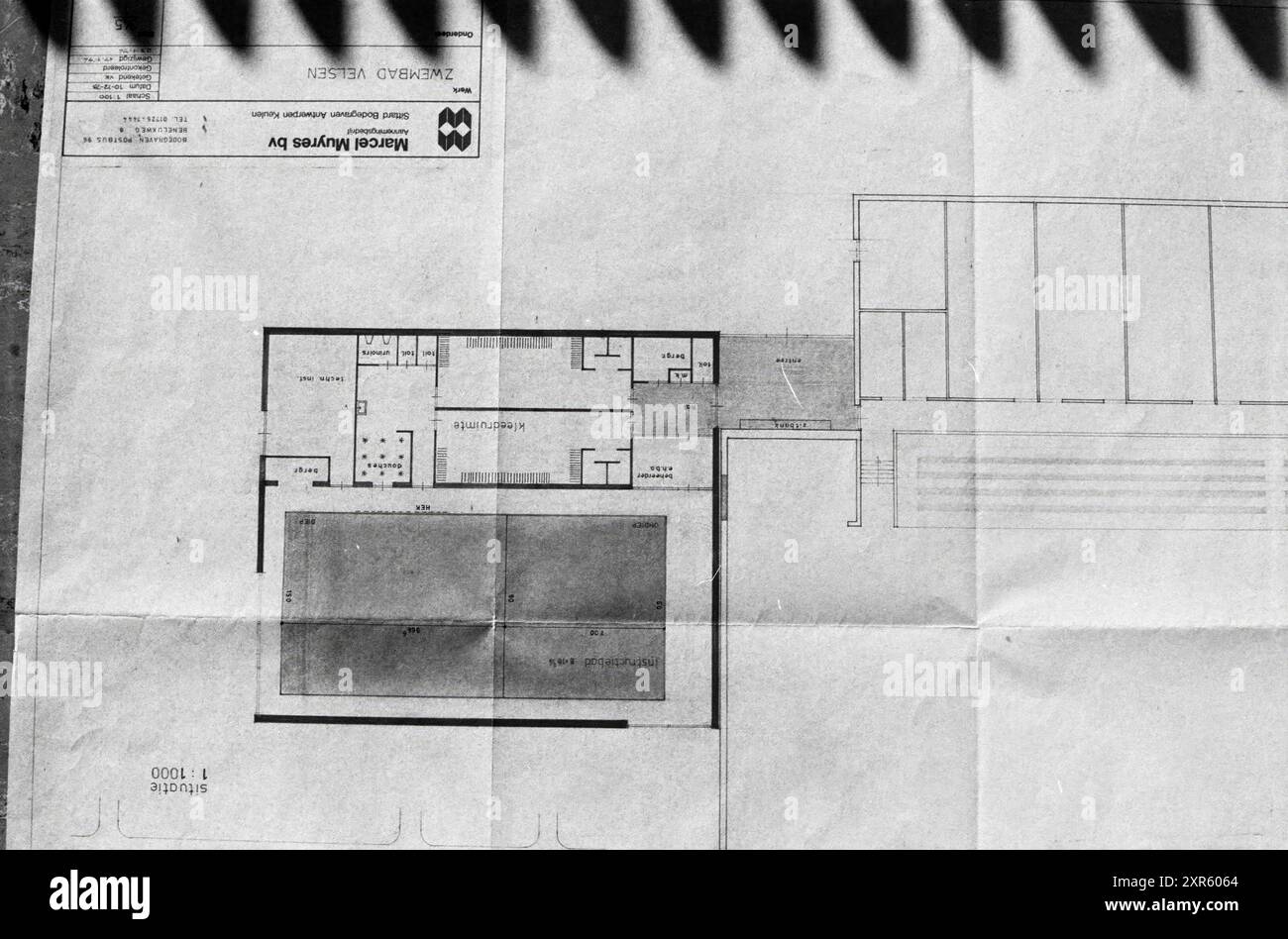 Bauzeichnung des Schwimmbades Velsen, IJmuiden, Planetenweg, Niederlande, 21-03-1974, Whizgle Dutch News: historische Bilder für die Zukunft. Erkunden Sie die Vergangenheit der Niederlande mit modernen Perspektiven durch Bilder von niederländischen Agenturen. Verbinden der Ereignisse von gestern mit den Erkenntnissen von morgen. Begeben Sie sich auf eine zeitlose Reise mit Geschichten, die unsere Zukunft prägen. Stockfoto