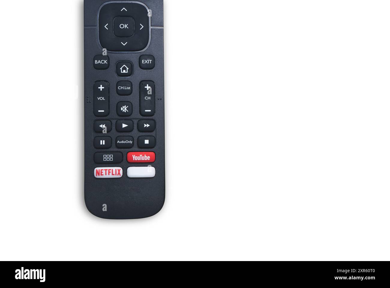TV-Fernbedienung mit Youtube- und Netflix-Logos – weißer Hintergrund – Kopierbereich Stockfoto
